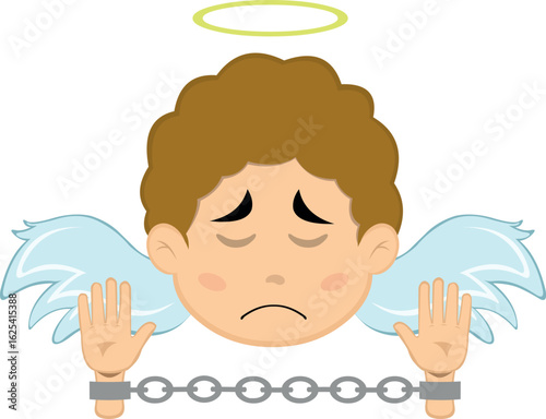 vector illustration face angel character cartoon, slave or prisoner handcuffed with chains