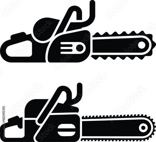 Two distinct black chainsaw silhouettes shown from the side for graphic design and illustration purposes silhouette