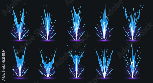 Dynamic blue energy bursts erupting from ground with glowing purple accents, perfect for gaming, sci-fi, and action visuals
