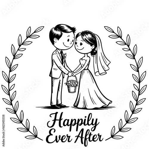 Wedding Illustration: A heartwarming illustration captures a tender moment of a bride and groom holding hands, ready to begin their Happily Ever After. Enclosed in a beautiful floral frame.