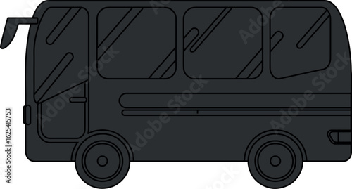 Dark gray silhouette of a minibus side view with outlined windows and doors, vector illustration for design, UI icons, or transportation themes