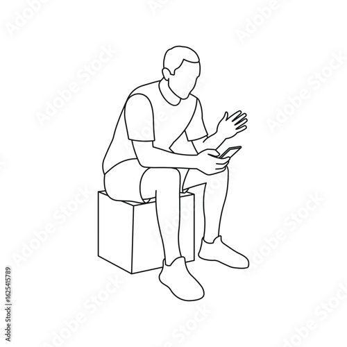 Man sitting on cube, guy working on phone, sketch of young silhouette
