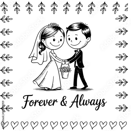 Forever & Always: A charming illustration of a bride and groom, holding hands, embodying everlasting love and the promise of a forever together. perfect for romantic designs.