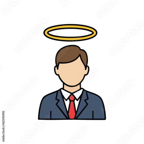 (Virtuous Professional with Aura. Flat design icon of a male figure in formal attire with a golden halo, symbolizing integrity, honesty, and ethical conduct.)