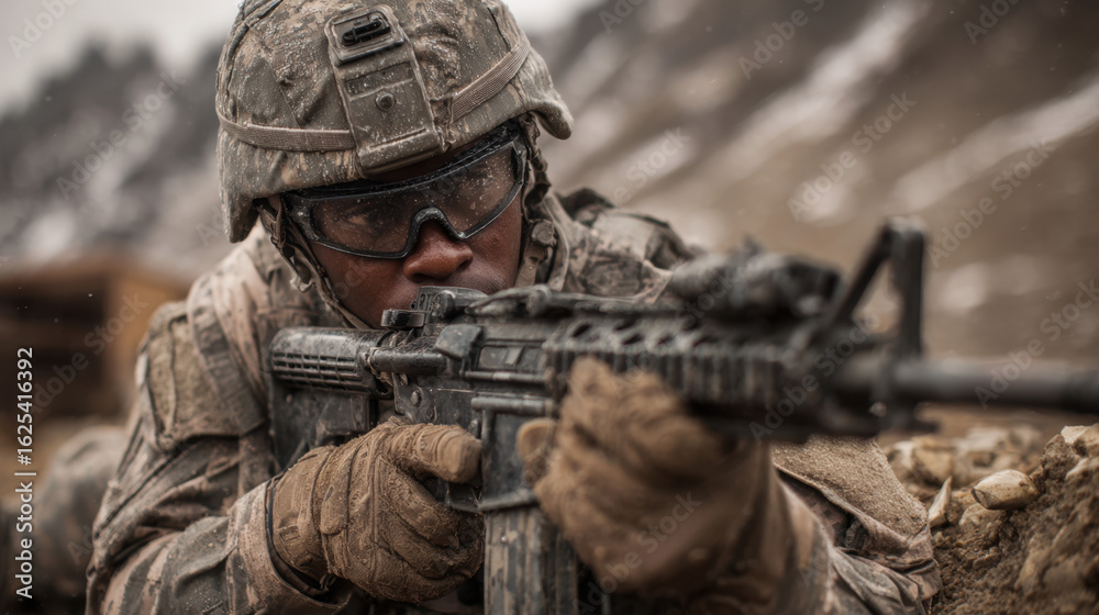 Fototapeta premium Determined infantry soldier aiming rifle in muddy rugged terrain during harsh combat training conditions