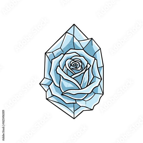 (Icy Blue Rose Geometric Artwork. A captivating graphic portrayal of a flower fashioned from crystalline ice, evoking serene elegance and cool pristine beauty on a dark void.)