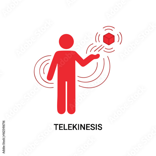 (Telekinetic Mind Power. Red figure displays psychokinesis manipulating a floating cubic object with invisible force. Represents supernatural control or abstract mental prowess.)
