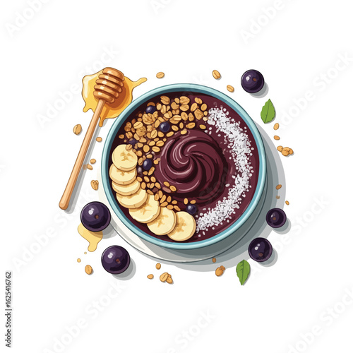 Vibrant A?a? Superfood Bowl. This colorful morning meal features rich berry puree, fresh banana, crunchy granola, and sweet honey, promoting wellness and natural vitality.