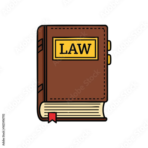 (Law Book Doodle Illustration. Hand drawn volume of statutes with a bookmark on black. Symbolizes wisdom, regulation, and juridical education. Perfect for court and advocacy themes.)