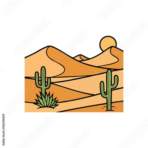 (Sunny Desert Dunes with Cacti. Stylized illustration capturing a warm, parched terrain. Iconic succulents stand tall among sandy peaks under a brilliant solar disk, evoking endurance.)