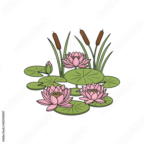 (Pink Water Lilies and Reeds. Vibrant aquatic blooms and tall marsh plants illustrate a serene scene. This elegant botanical artwork represents peace, growth, and natural beauty on dark.)