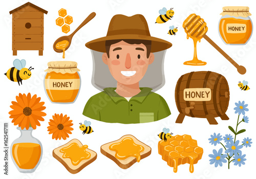 Delightful beekeeper surrounded by sweet honey products, buzzing bees, vibrant flowers, and natural honeycomb, perfect for artisanal food promotions.