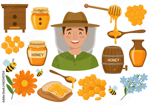 Joyful beekeeper surrounded by sweet honey products, honeycomb, and blooming flowers, embodying natural sweetness and rural charm.