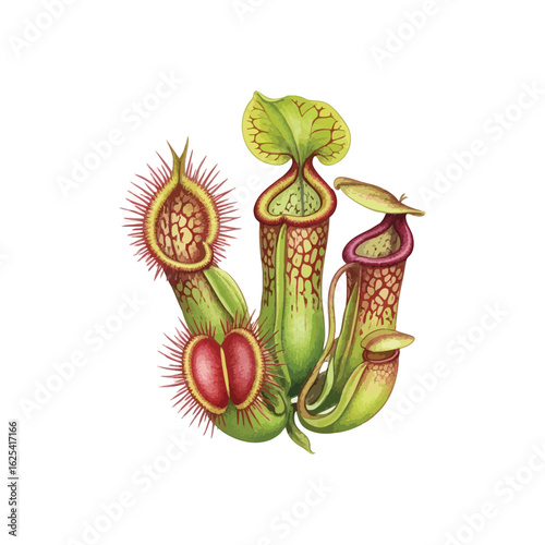 (Carnivorous Plant Botanical Art. Illustrative depiction of fascinating predatory flora. Showcases vibrant pitcher and unique Venus flytrap, highlighting nature's intriguing adaptations.)