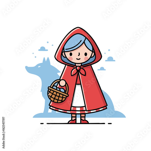 (Little Red Hood Story Character. Charming illustration of a young girl in a crimson cloak with a basket, set against a subtle wolf silhouette. Evokes classic fairy tales, innocence, and journey.)
