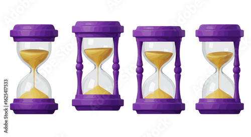 Four vibrant purple hourglasses filled with golden sand, symbolizing time passing and the importance of deadlines in modern business and life