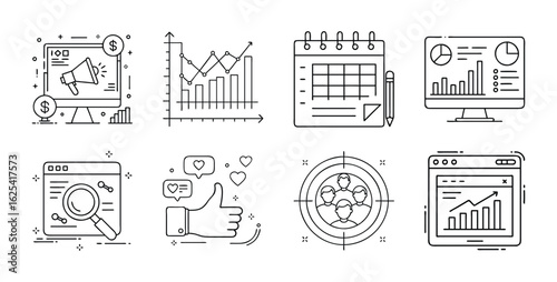 Digital Marketing and Analytics Icon Set - Line art icon set representing digital marketing, data analytics, social media, SEO, and business growth in a modern style.