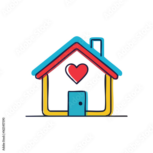 (Loving Home Icon. A vibrant dwelling illustration with a central heart, representing affection, safety, and cherished memories. Ideal for themes of family and property.)