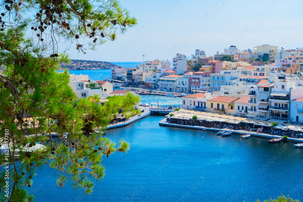 Obraz premium lake in harbour of Agios Nikolaos, , Crete, Greece, retro toned