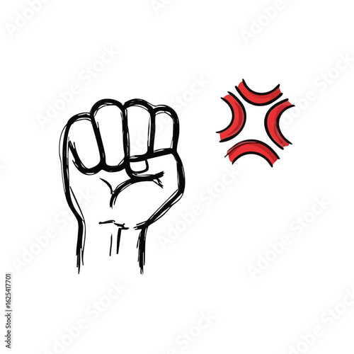 (Angry Fist and Fury Symbol. Stylized illustration of a powerful clenched hand next to a vivid red icon, depicting intense human frustration, protest, and unwavering resolve.)