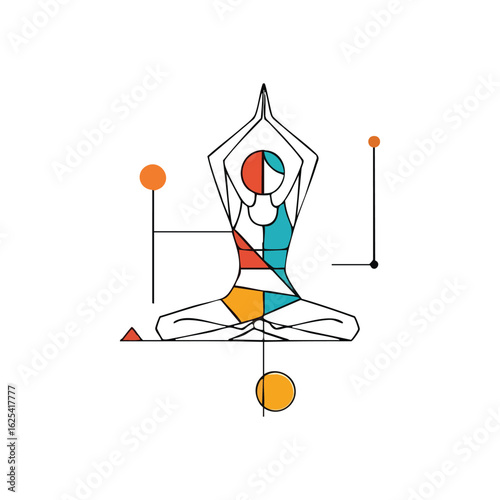 (Geometric Yoga Meditation Art. An artistic representation of a figure in a serene meditative posture. This vibrant illustration symbolizes balance, mindfulness, and inner tranquility with geometric.)