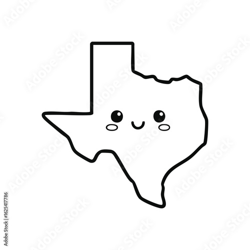 (Kawaii Texas Map Character. A charming illustration of the Texas state outline with an adorable kawaii face, conveying a friendly and welcoming spirit.)