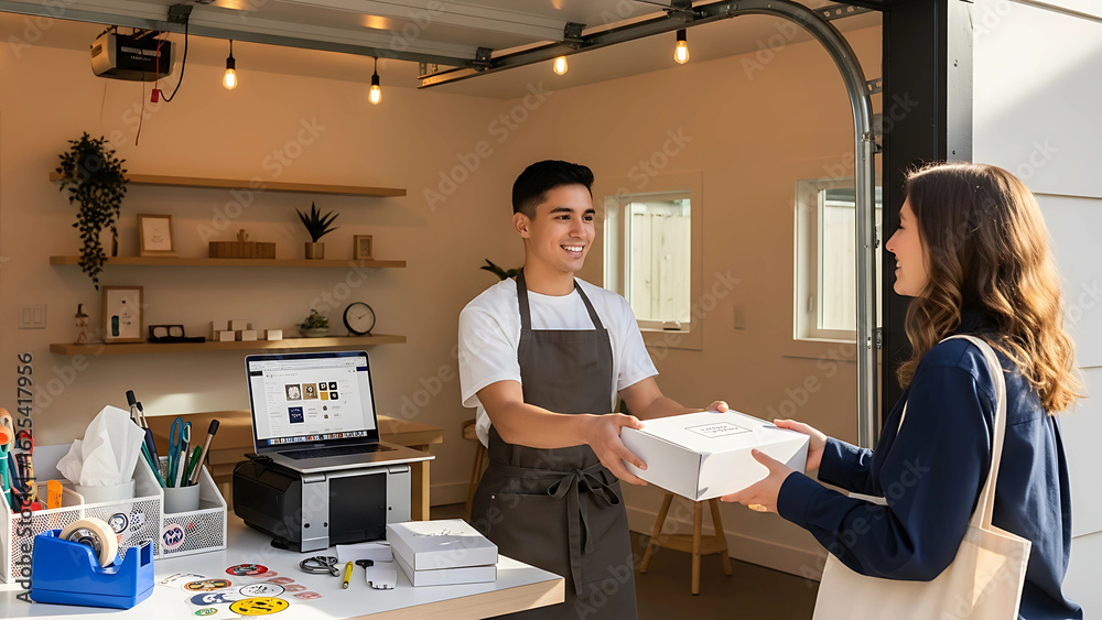 A cheerful small business owner hands over a neatly packed product box to a customer in a cozy home office setting, surrounded by shipping tools and a laptop. A cheerful small business owner hands over a neatly packed product box to a customer in a cozy home office setting, surrounded by shipping tools and a laptop.