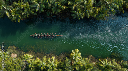 Traditional Long Boat Racing Through a Tropical River Surrounded by Lush Palm Trees – Aerial Drone View