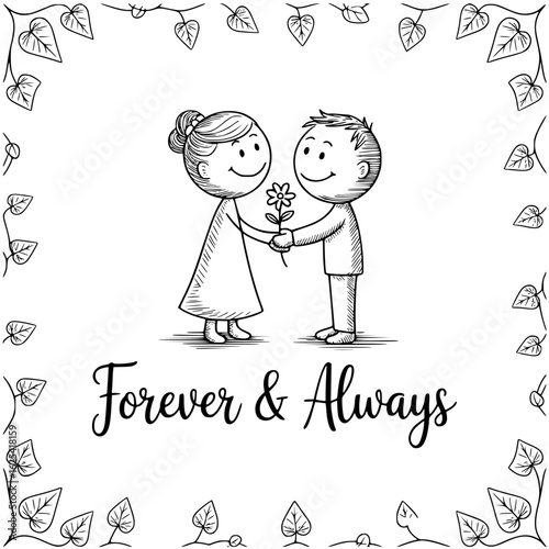 Forever & Always: A tender cartoon illustration depicts a man offering a flower to a woman. Set against a backdrop of leafy borders, encapsulating the timeless theme of love, commitment.