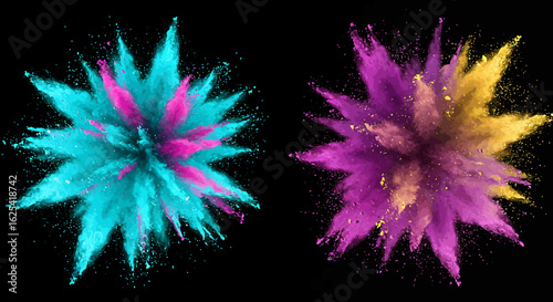 Explosive vibrant color bursts in turquoise pink and purple yellow against a stark black background creating dynamic abstract art for festive celebrations and creative projects