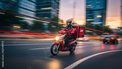 A focused delivery rider on a red scooter navigates through the city streets during a rainy evening, symbolizing speed and dedication in urban logistics.