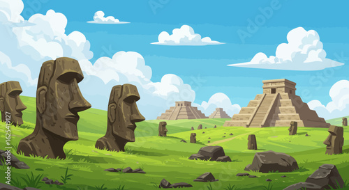 Ancient Easter Island Moai statues and Mayan pyramids under a vibrant blue sky with fluffy clouds, offering a captivating blend of historical mystery and cultural wonder