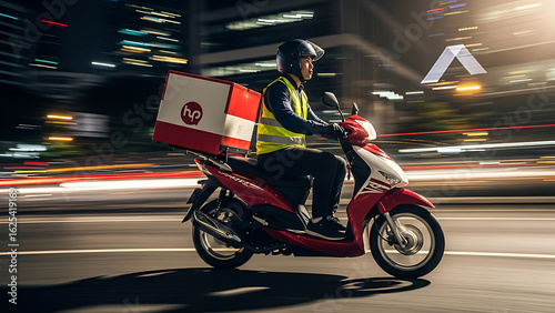 A focused delivery rider on a red scooter navigates through the city streets during a rainy evening, symbolizing speed and dedication in urban logistics.