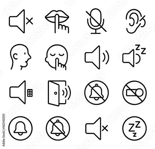 Sound control linear icon set: volume, mute, whisper, listen, silence, doorbell, no sound, bell