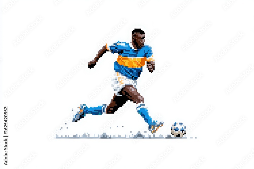 Naklejka premium A soccer player wearing a distinctive blue and orange jersey sprints across the field, focused on kicking the ball. The action captures the excitement of a competitive game.