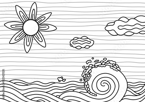 Whimsical Landscape Coloring Page. Surreal Sea Scenery  Coloring Sheet. Black and white boho art of sea waves.