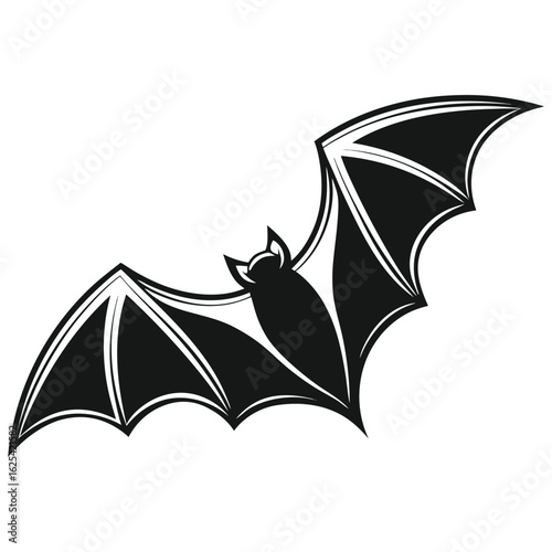 Illustration of a bat with extended wings, outlined in black and white