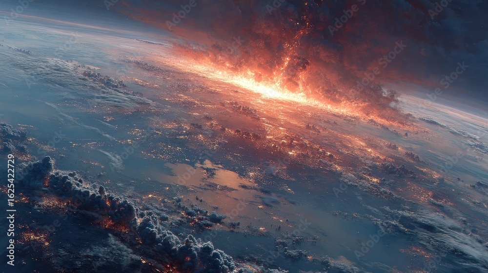 Fototapeta premium Fireball eruption on Earth surface, starry background
