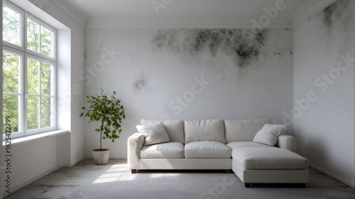 Black mold growing on wall in living room with sofa