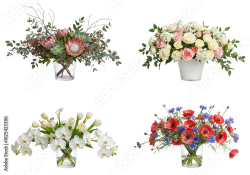 Photo of a set of four elegant floral arrangements featuring protea, poppies, roses, orchids and tulips in glass vases, isolated on transparent background