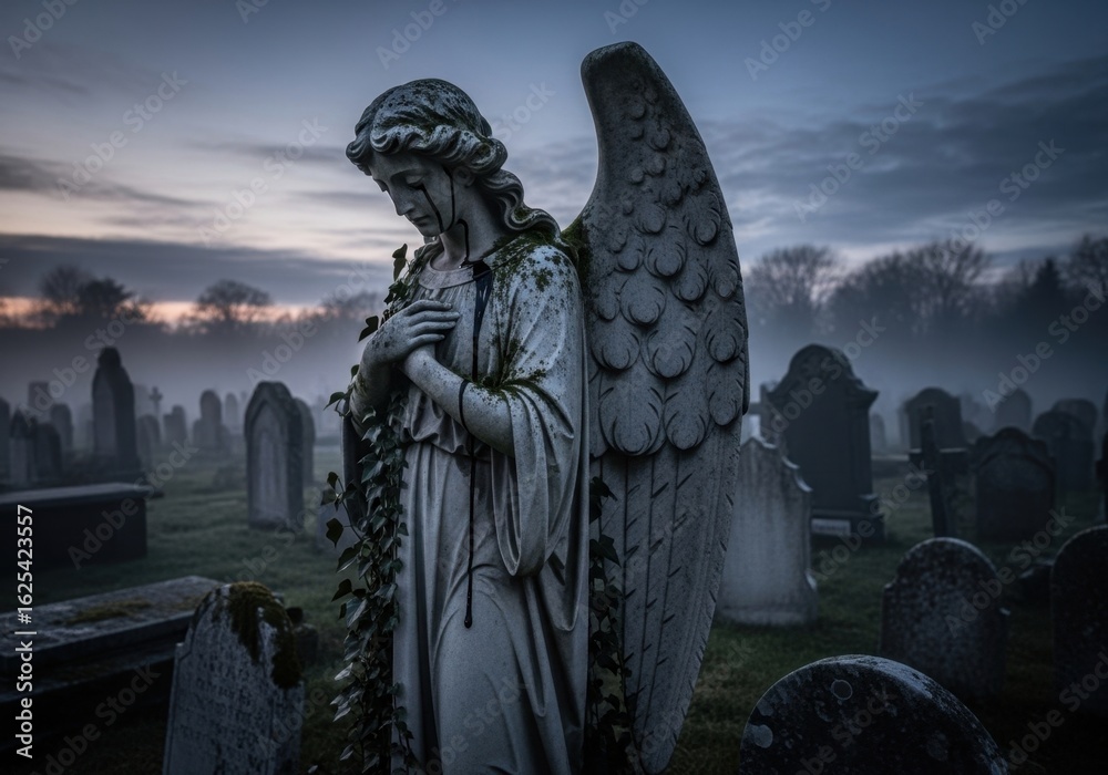 Fototapeta premium A Serene Angel Statue Stands in a Misty Graveyard at Dawn, Surrounded by Weathered Tombstones and a Tranquil Atmosphere