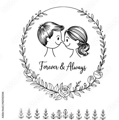 Forever & Always: A heartwarming illustration of enduring love, depicting a tender moment between a couple encircled by a delicate floral wreath, symbolizing unity and eternal connection.