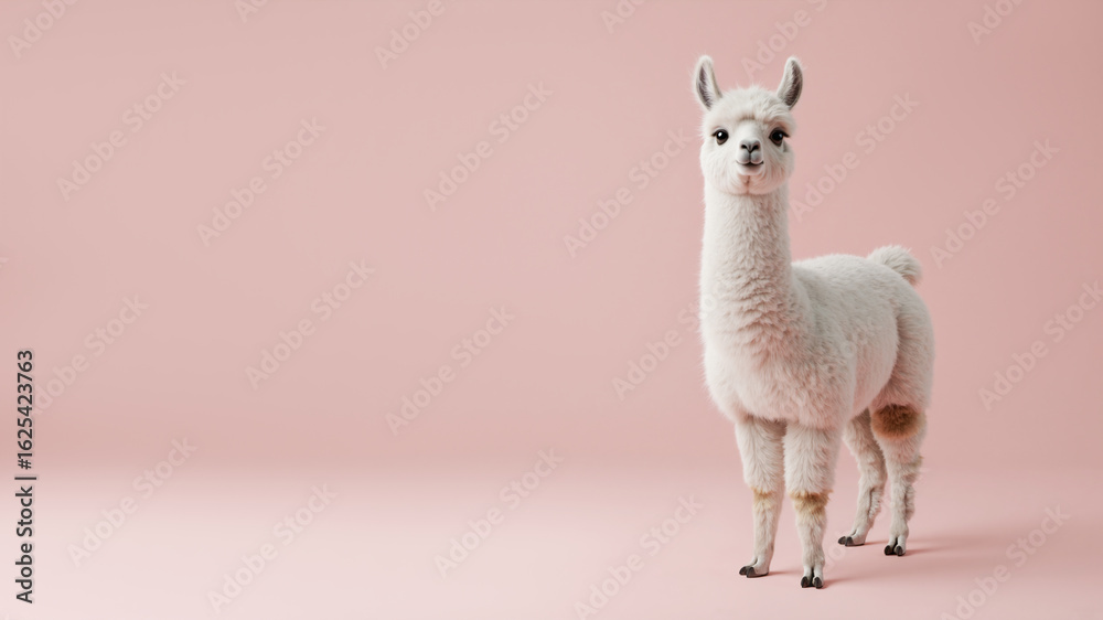 Fototapeta premium A cute young white llama or alpaca standing on a pink background. Adorable cria portrait with copy space for text.