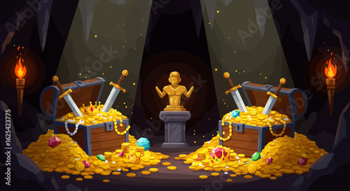 Discover a hidden treasure trove filled with overflowing gold coins, sparkling jewels, crowns, and ancient swords in a dimly lit cave, illuminated by flickering torches and a central golden statue.