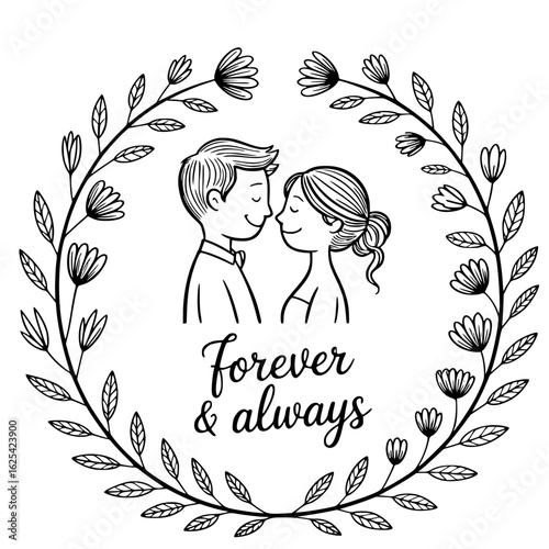 Eternal bond: A sketch of a couple, embraced within a wreath of florals, capturing a timeless message. Embrace of love, a tale of forever