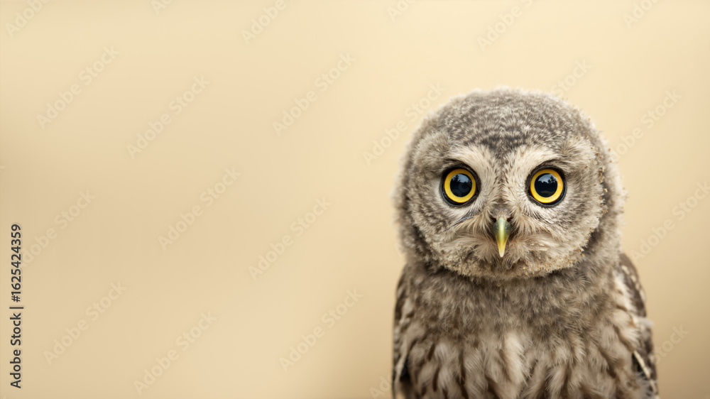 Fototapeta premium Close-up portrait of a cute baby owl with big yellow eyes. Young owlet on a beige background with copy space for text.