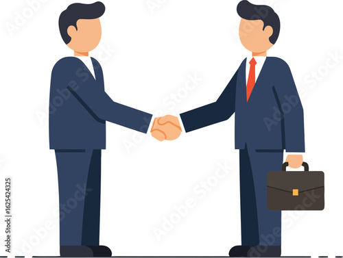 Two businessmen in suits shaking hands, a professional business interaction.