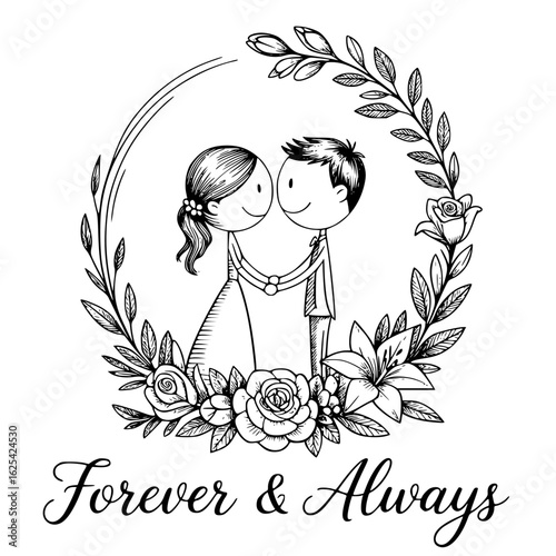 Forever & Always: A touching illustration of a couple embracing, symbolizing everlasting love, surrounded by a delicate floral wreath and the hopeful promise of Forever & Always.