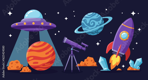Blast off on an epic space adventure exploring planets, galaxies, and the cosmos with this vibrant, imaginative scene featuring rockets, UFOs, and telescopes
