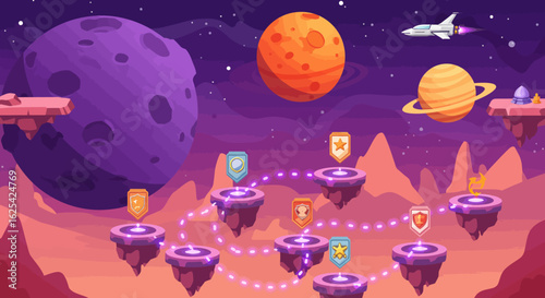 Embark on an epic space adventure navigating floating islands and cosmic challenges, a vibrant game level design perfect for mobile or desktop gaming.